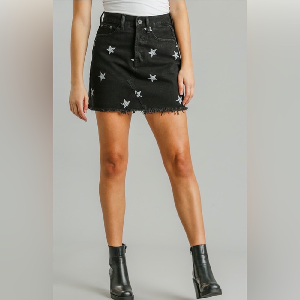 Umgee Star Stamped Black Denim Skirt (Approx. Size 00)